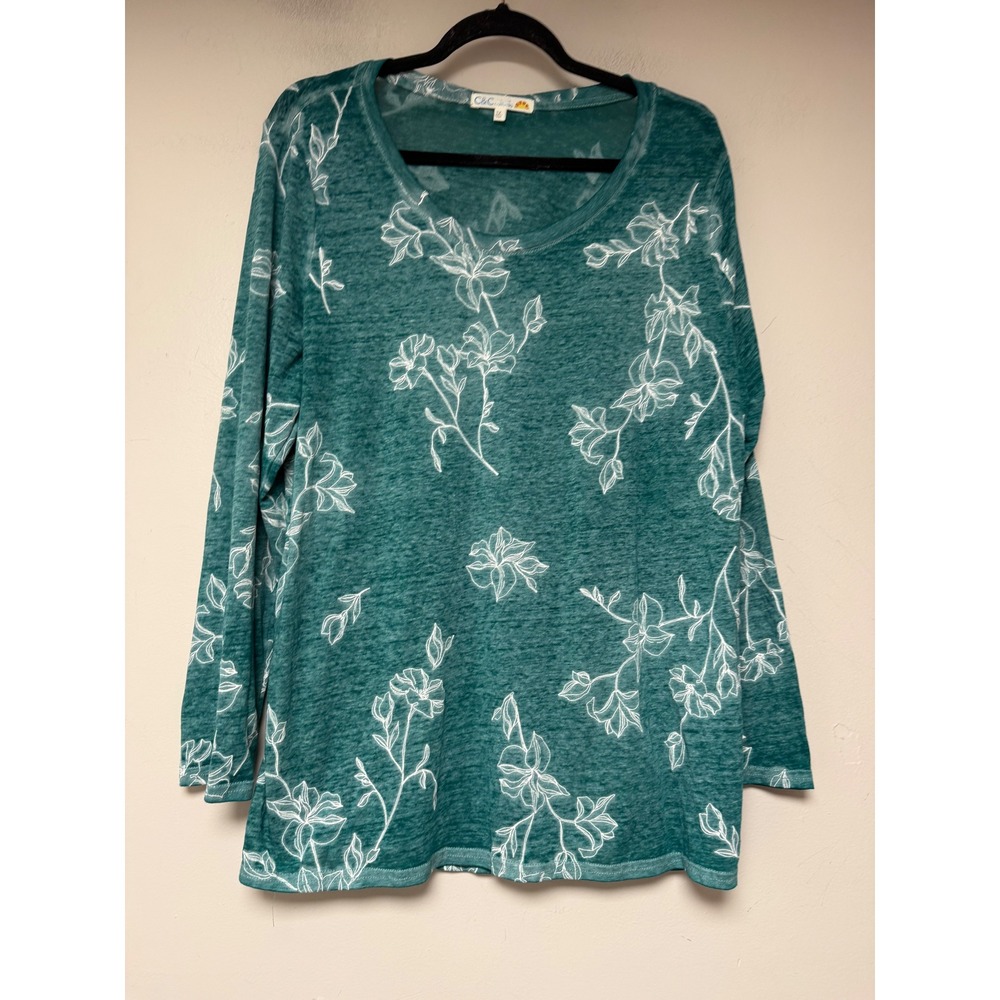 C&C California Top Womens 1X Teal Green Excellent Floral Burnout Long Sleeve